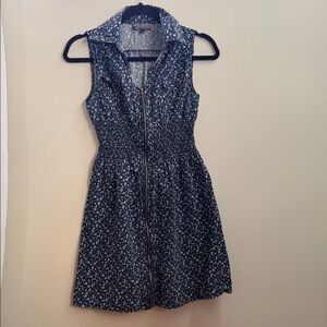 Sleeveless Navy Floral Zip-Front Mini Dress with Smocked Waist
